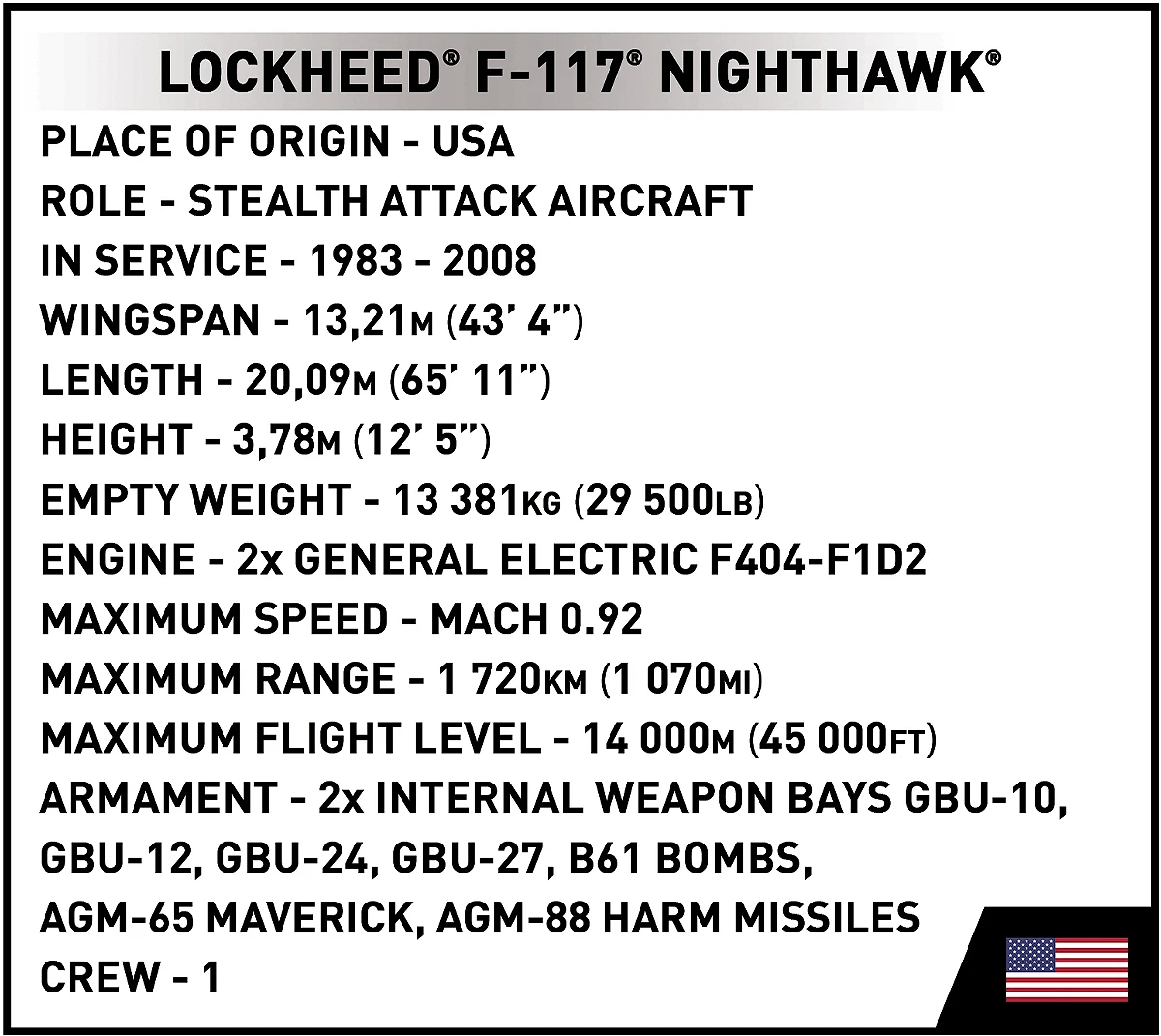Americký útočný letoun Lockheed F-117® Nighthawk COBI 5903 - Armed Forces 1:48